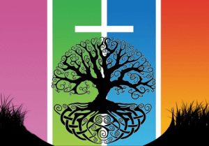 Logo CatKids: Kruis en boom met hun weerspiegeling