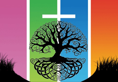 Logo CatKids: Kruis en boom met hun weerspiegeling