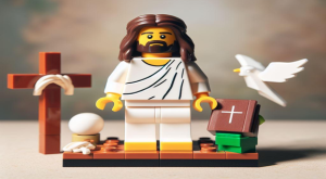 Jezus in Lego met kruis, bijbel en duif